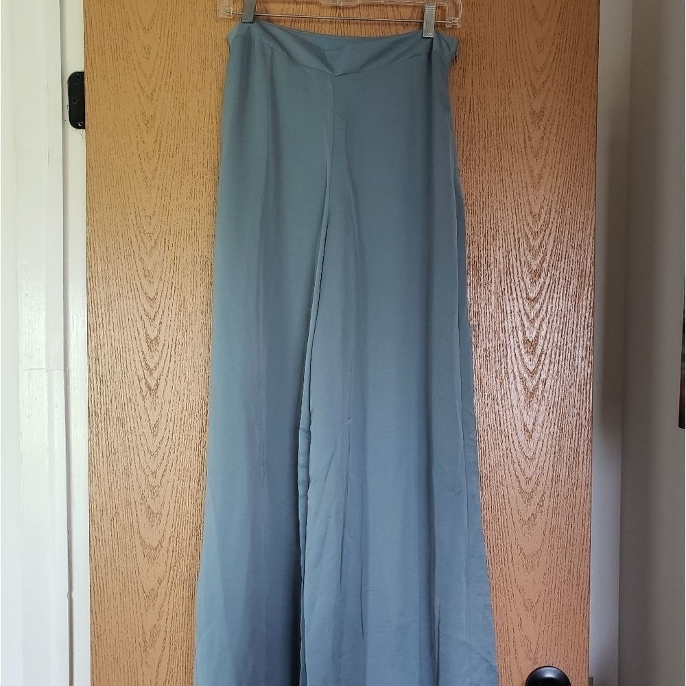 My Beloved Blue High Waist Wide Leg Satin Pants